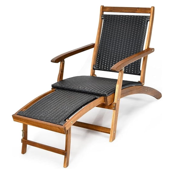Patio Chaise Lounge Chair - Wood Folding Rattan Wicker Chair w/Retractable Footrest, Space-Saving Ergonomic Deck Chair for Garden, Poolside, Patio