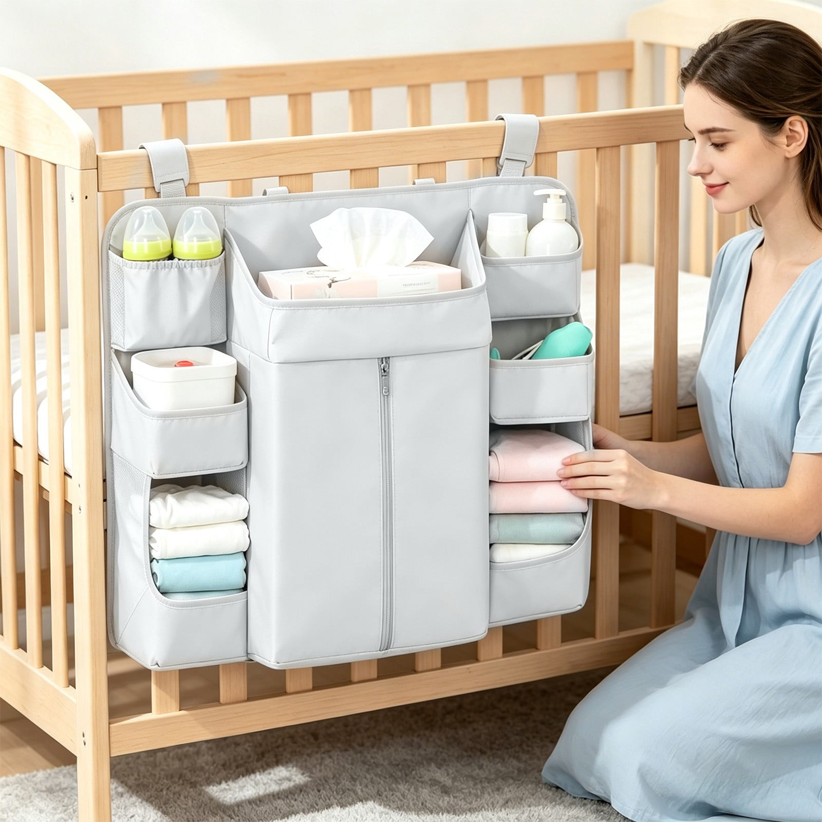 Crib Hanging Storage Bag, Large Capacity Layered Pockets, Waterproof Oxford Fabric, Drill Free Installation, Washable Nursery Organizer for Diaper Storage, Baby Essentials and Bedroom Tidying