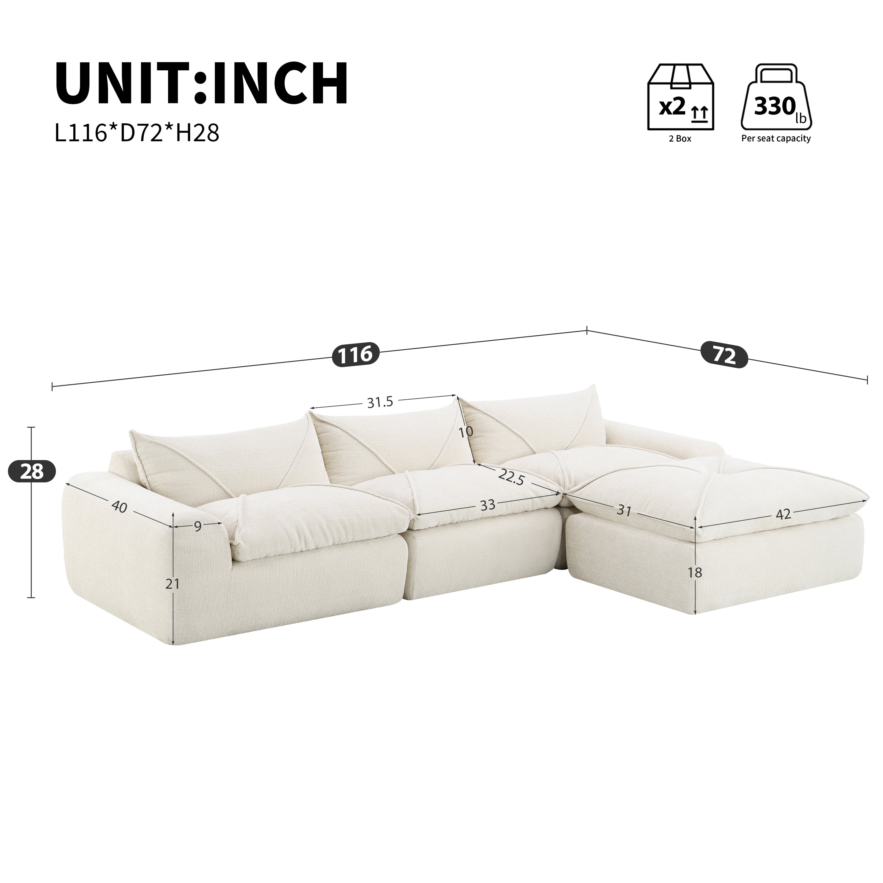 Euroco 116'' Fully Compressed Sofa with High Density Foam, Integrated Backrest&Seat Cushion, Decorative Edging, Legless Design without Frame, No Assembly Required, Free Combination