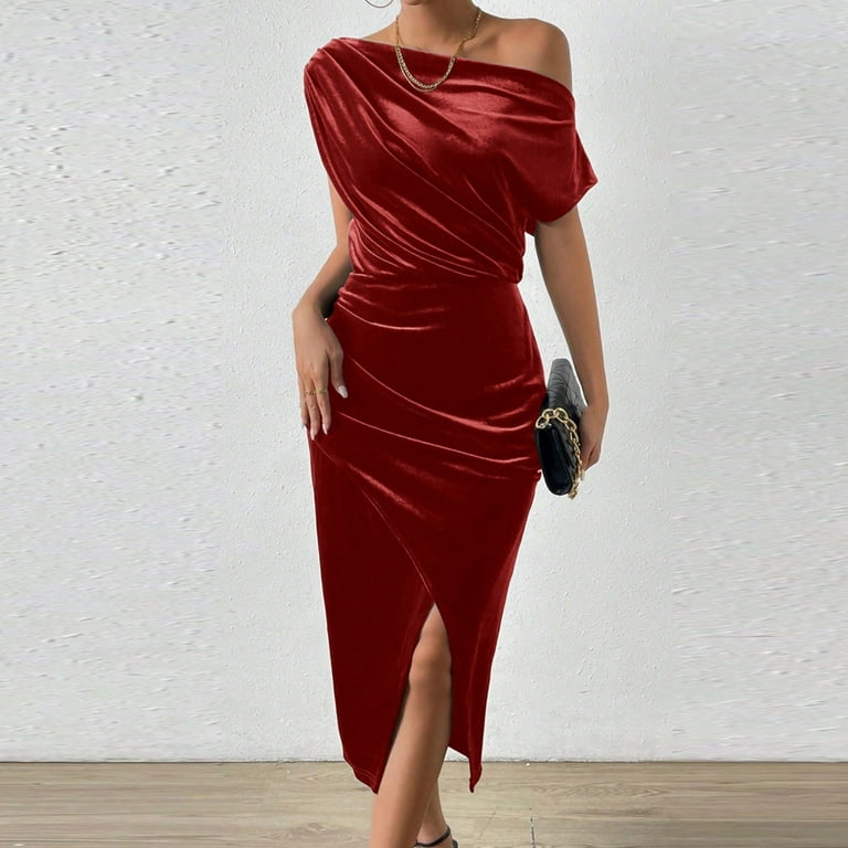 Jinhomg Velvet Dress for Women Elegant off The Shoulder Ruched Velvet  Dresses Irregular formal Cocktail Dress Evening Party Midi Dresses Wine S -  Walmart.com
