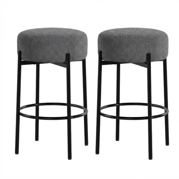 Round Bar Stools Set of 2, 24" Modern Backless Bar Stools, Sherpa Upholstered with Foot Rest for Kitchen Island, Counter, Cafes