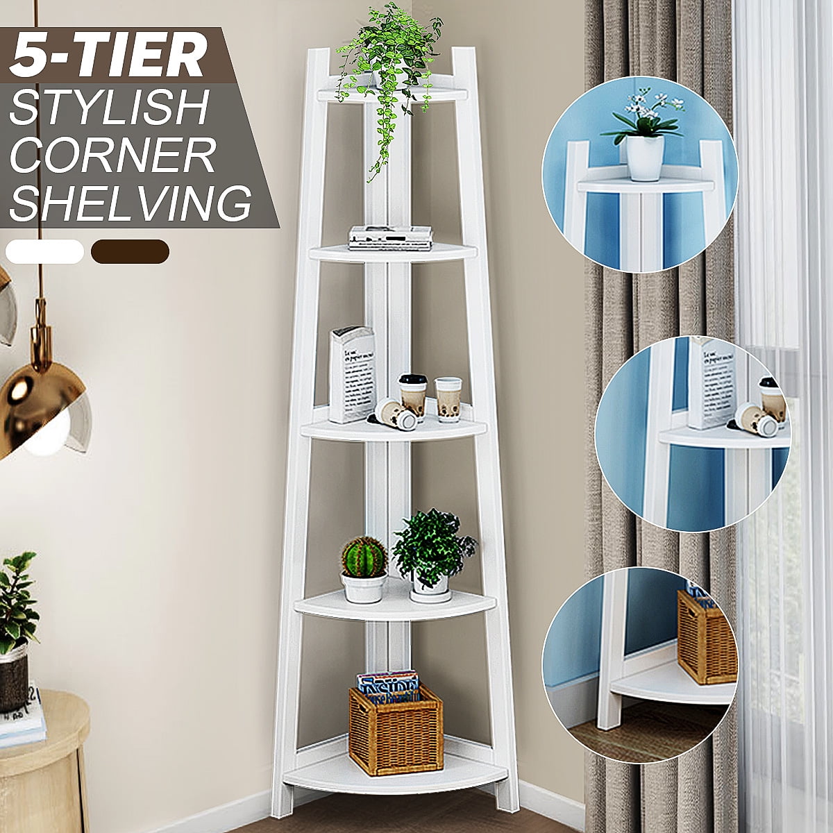 5Tier Corner Ladder Wood Shelf, Display Rack Multipurpose Bookshelf
