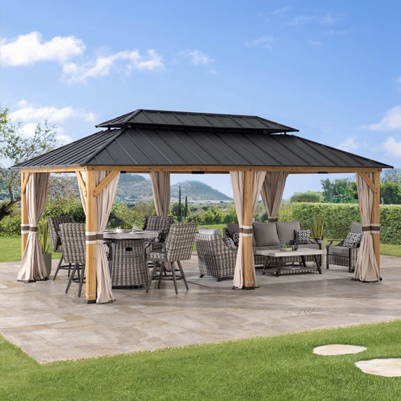 Sunjoy 12x20 Outdoor Cedar Wood Gazebo with Galvanized Steel Roof and Curtains