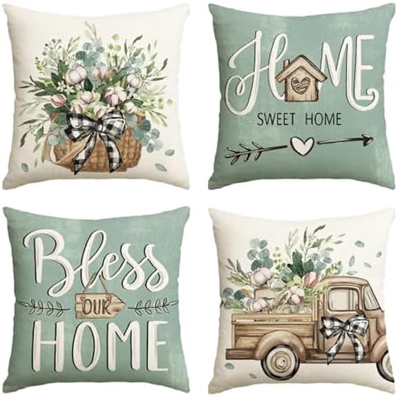 Bless Our Home Farmhouse Eucalyptus Leaves Throw Pillow Covers, 16 x 16 Inch Blue Truck Home Sweet Cushion Case Decorations Set of 4