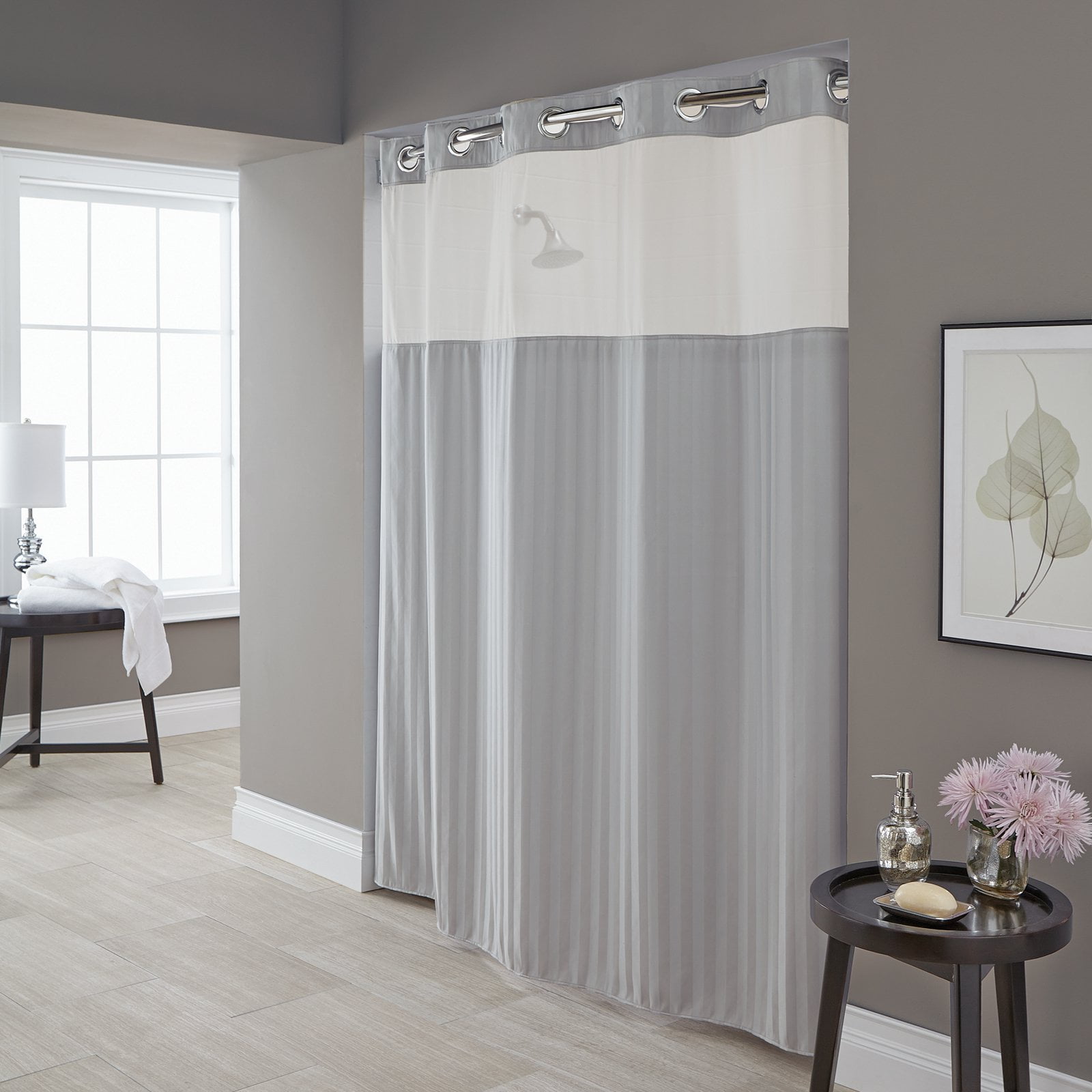Hookless Silver Park Avenue Stripe Polyester Shower Curtain