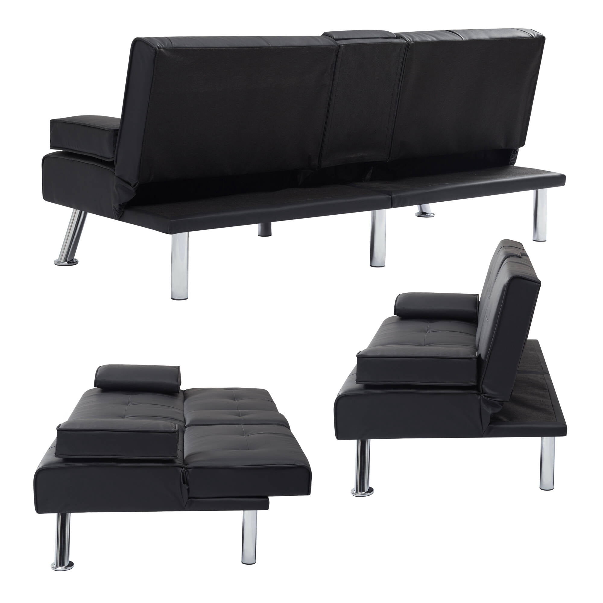 Sofa Bed with Cup Holder Convertible Futon Couches Adjustable Backrest Modern Faux Furniture Upholstery for Living Room