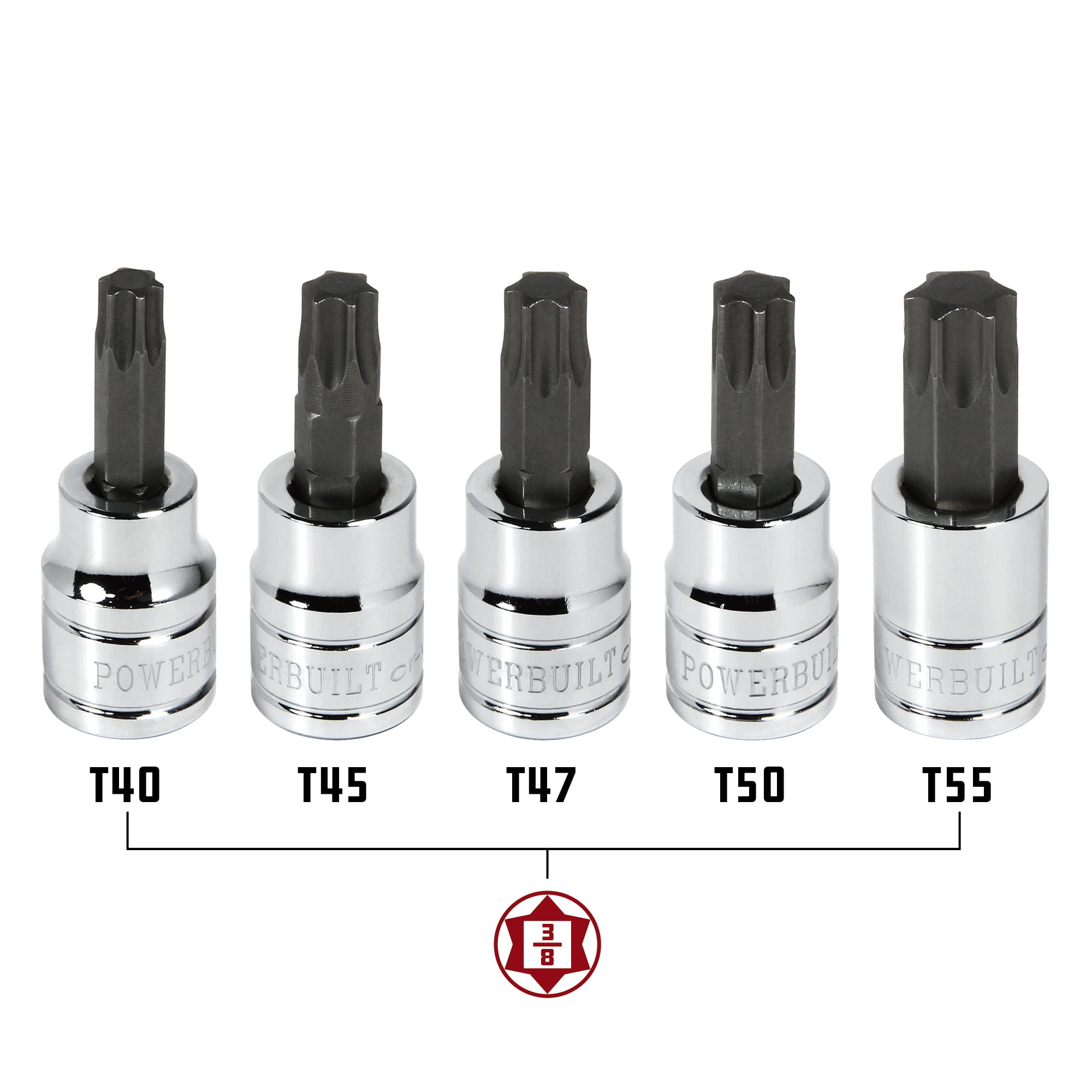 Powerbuilt 5 Pc. 3/8 in. Drive Torx Bit Socket Set, Size from T40 to T55