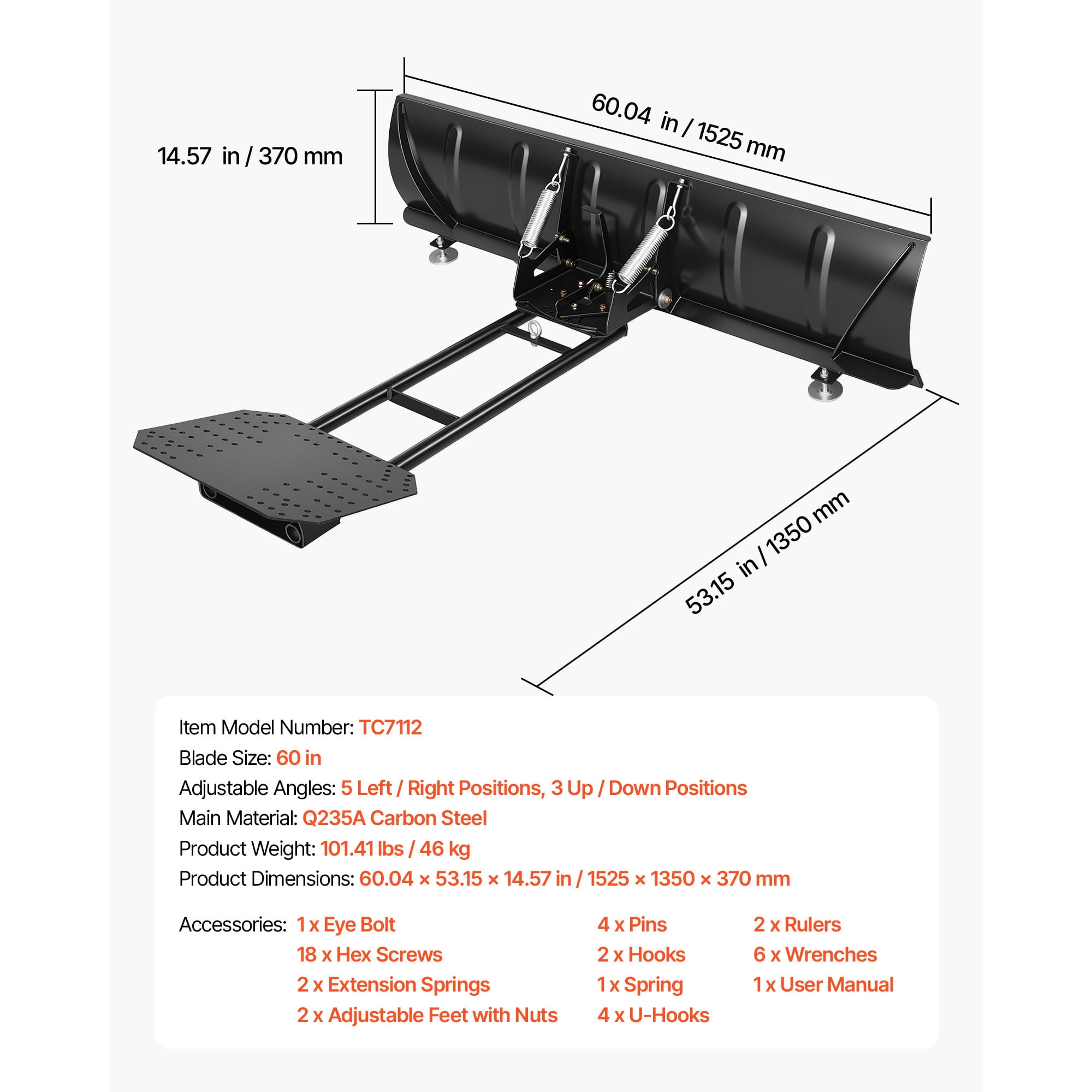 KFFKFF 60-Inch Snow Plow Kit with Universal Attachment, Adjustable Height and Angles, Quick Detach System, Durable Steel Blade for Efficient Snow Removal on ATVs and UTVs