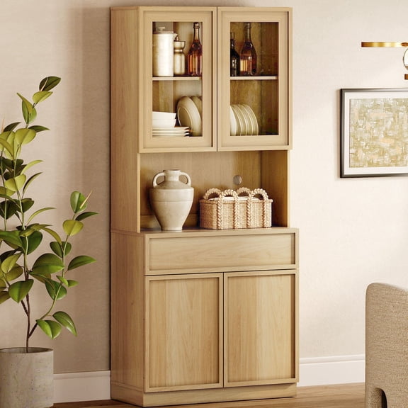 Modern Wood Sideboard Buffet with Glass Doors, Drawers & Adjustable Shelves, 72" Tall Glass Display Storage Cabinet,Oak