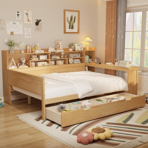 Wooden Full Size Daybed with Storage Shelves, Multi-functional Bed with 2 Storage Drawers and Study Desk, Natural