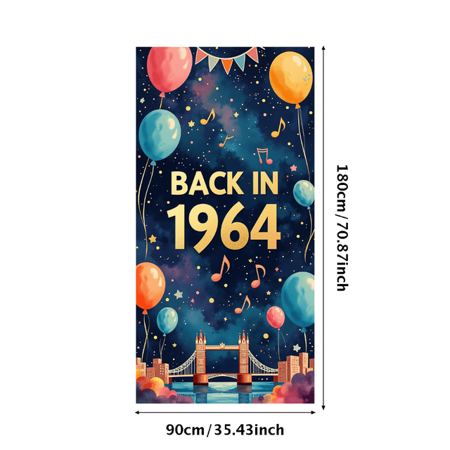 Vintage Themed Banner with 1964 Design, London Bridge and Music Elements, Party Decorations Backdrop, for Anniversary Parties Photo Booths Retro Themed Events