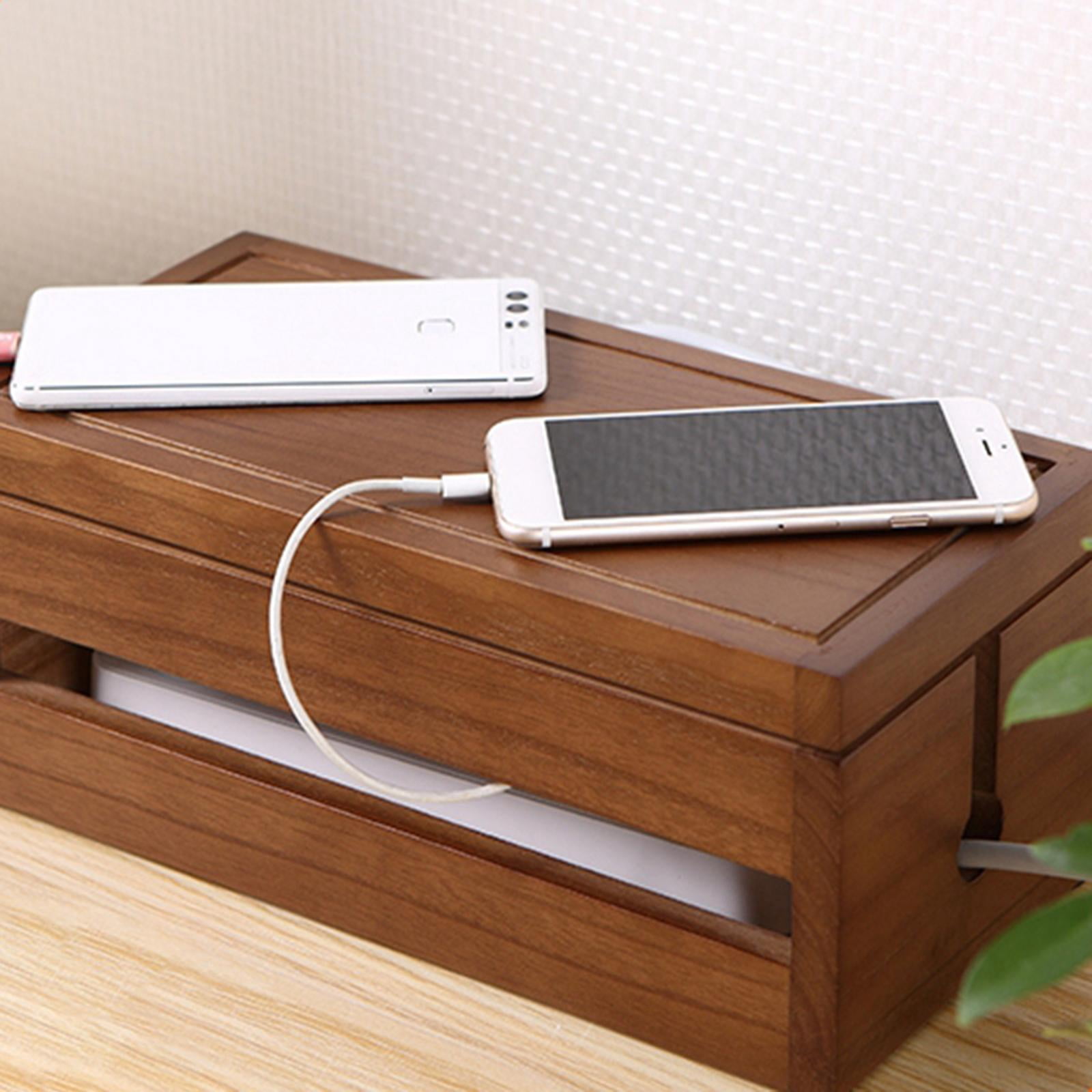 Wooden Large Cable Management Box Organizer, Cord Storage Holder Cable Hider for Hiding Cables And Extension Blocks Leads, 37x14x12cm, Coffee