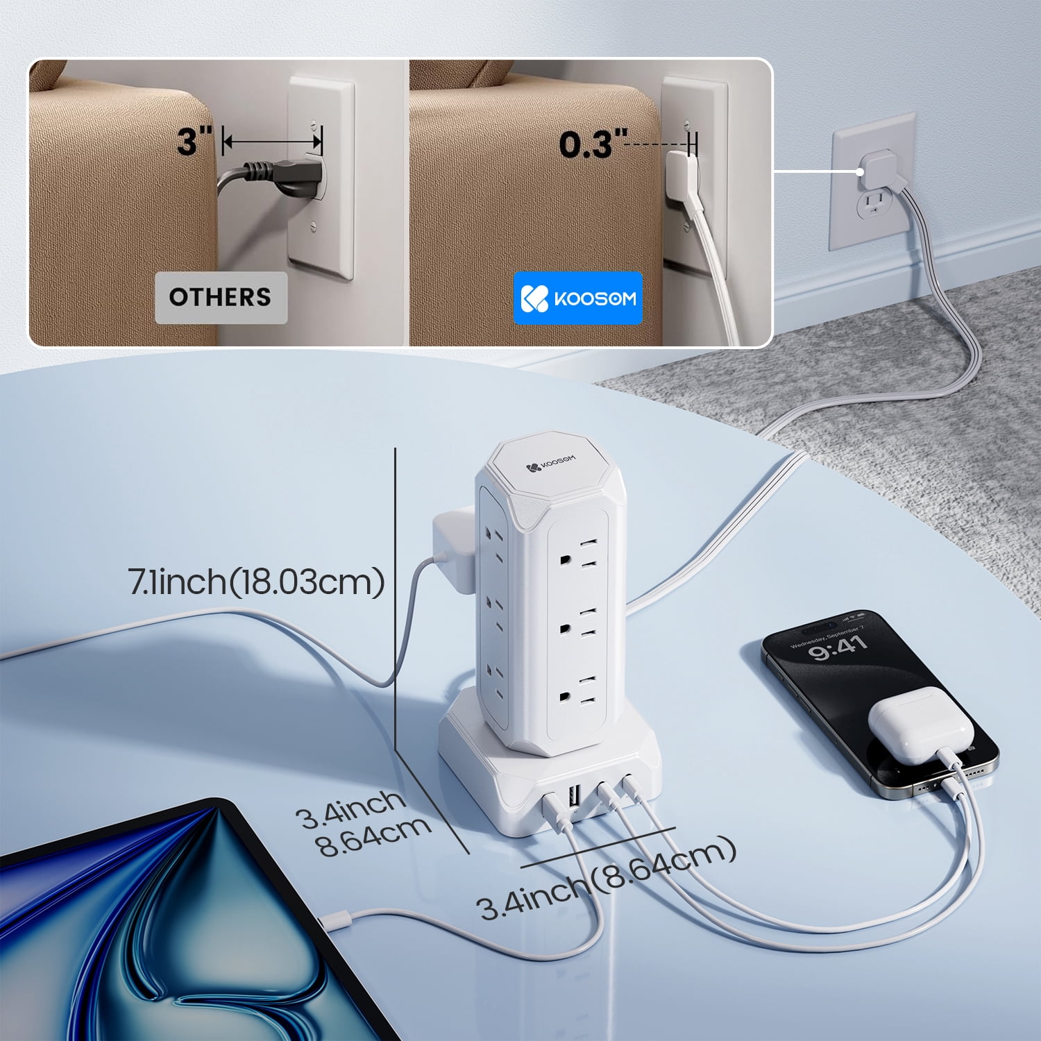 KOOSOM Power Strip Tower, 12 Outlets, 4 USB Ports Charging Station, 1700 Joule Surge Protection, 6.5ft Flat Plug Extension Cord, Multi Charger Station for Home, Office, Dorm