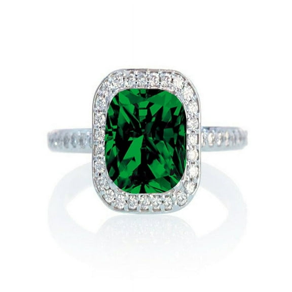 1.5 Carat Cushion Cut Classic Emerald and diamond Halo Multistone Engagement Ring on 10k White Gold