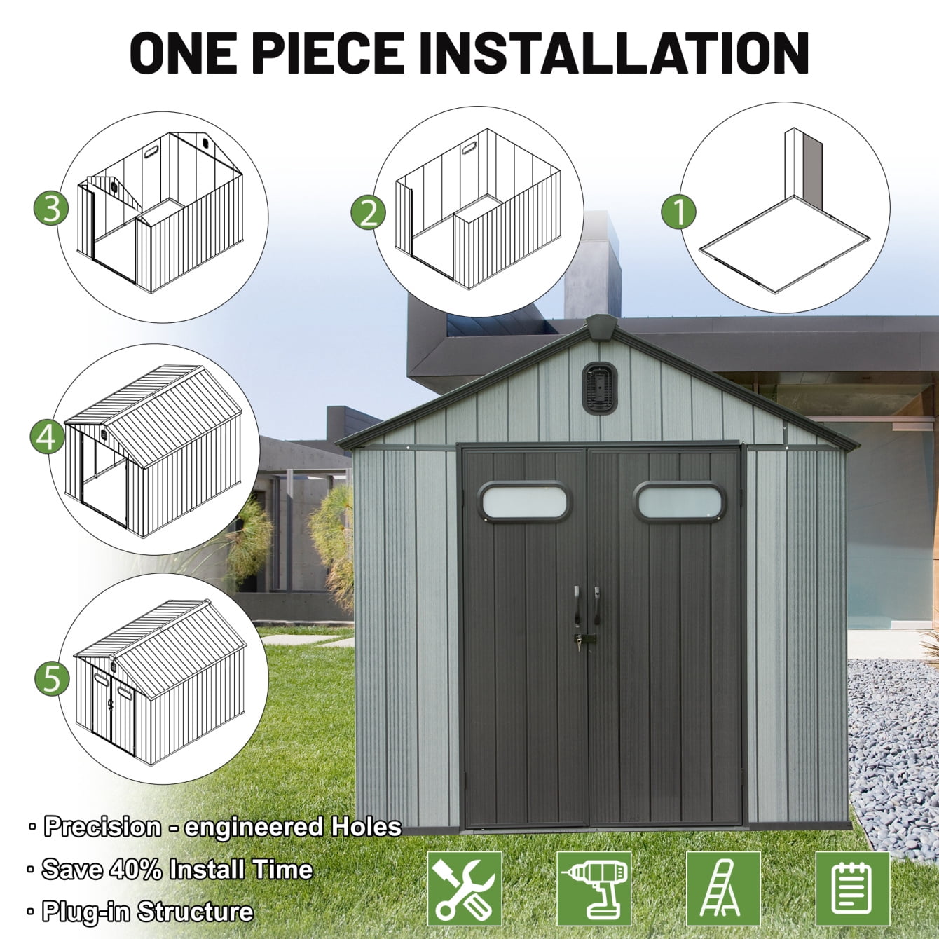 8x10 FT Outdoor Storage Shed, Resin Shed with Lockable Door, Vents & Window, All-Weather Tool Shed with Slope Roof for Bike, Garden Accessories, Gray