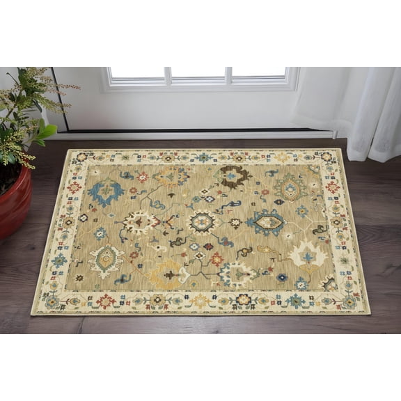 2' X 3' Beige Blue And Red Oriental Area Rug With Fringe