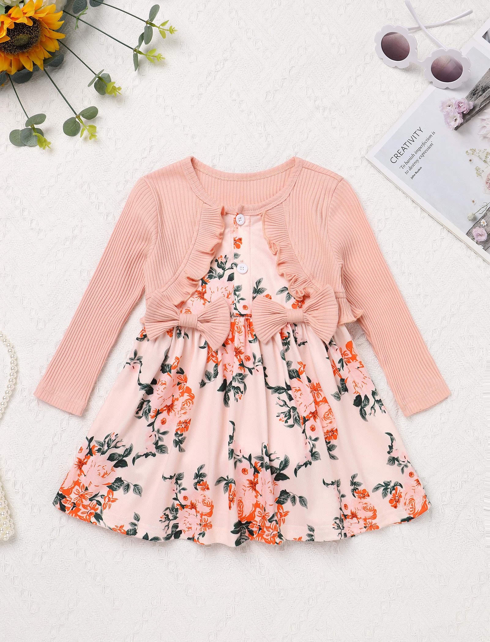 IWEMEK Floral Dresses for Baby Girl Round Neck Winter Comfy Outfits Birthday Party Trendy Dress 2025