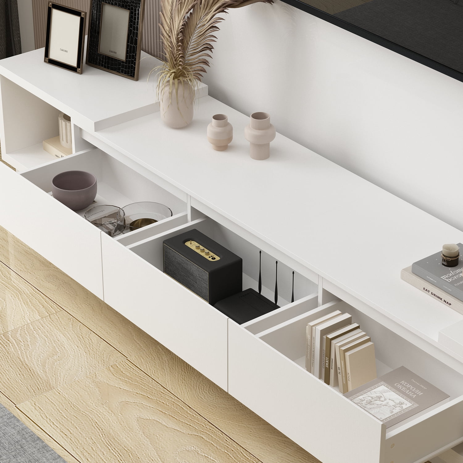 OxyLife Extended TV Stand with Drawers, Entertainment Center for Living Room, White