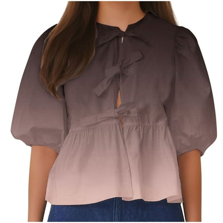 Dovford Women Bow Tie Front Shirt Top Cute Puff Sleeve Y2K Peplum Ruffle Babydoll Blouse Lace Up Summer Going Out 2024