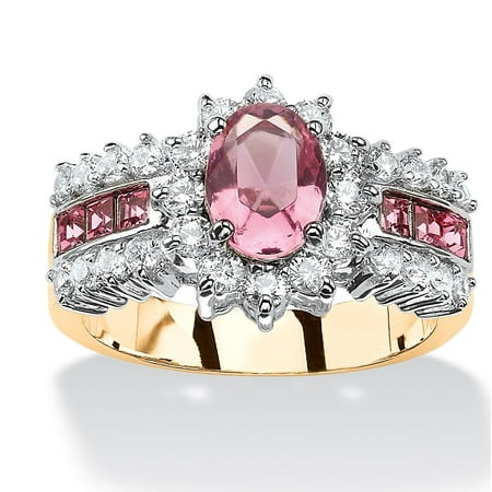 Clear Crystal Cocktail Ring - .82 TCW Oval Pink Crystal and CZ Two-Tone Halo Cocktail Ring MADE WITH SWAROVSKI ELEMENTS 14k Gold-Plated