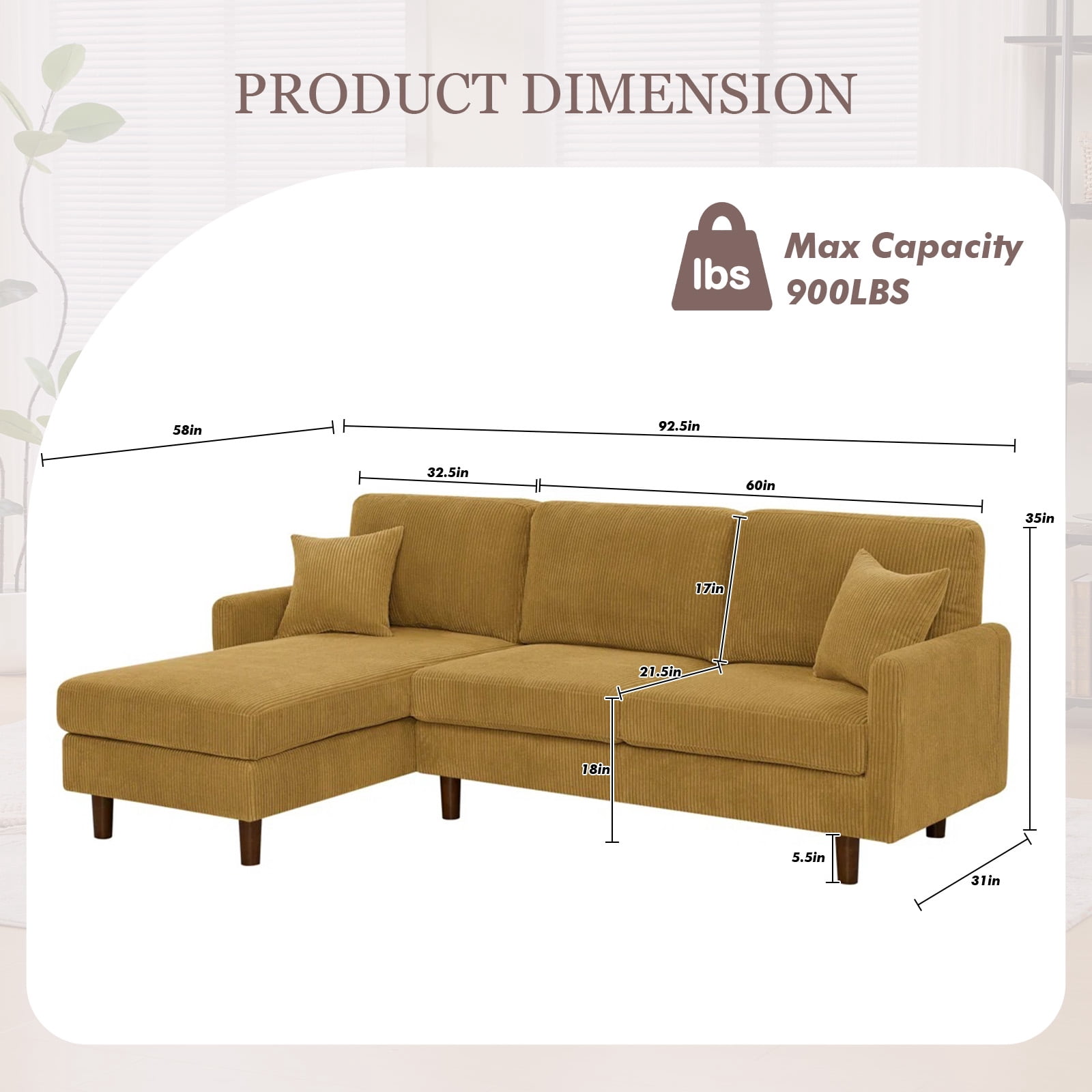 MOONMISS 93" Sectional Sofa , L-Shaped 3-Seat Sofa Couch with Chaise for Livingroom,Yellow