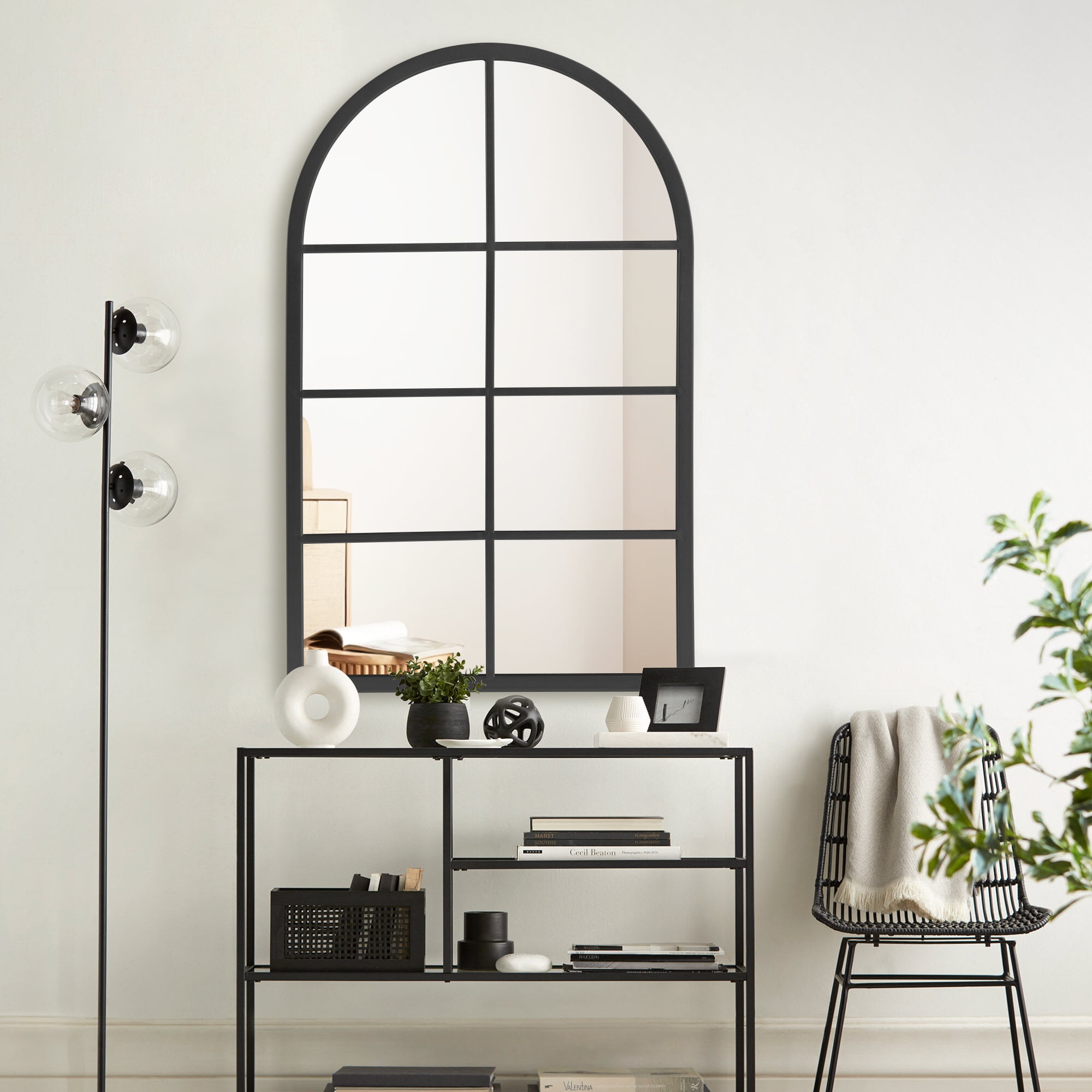 Neutype 40"x24" Home Decorative Arched Iron Frame Window Mirror Wall Mounted Makeup Mirror,Black ...