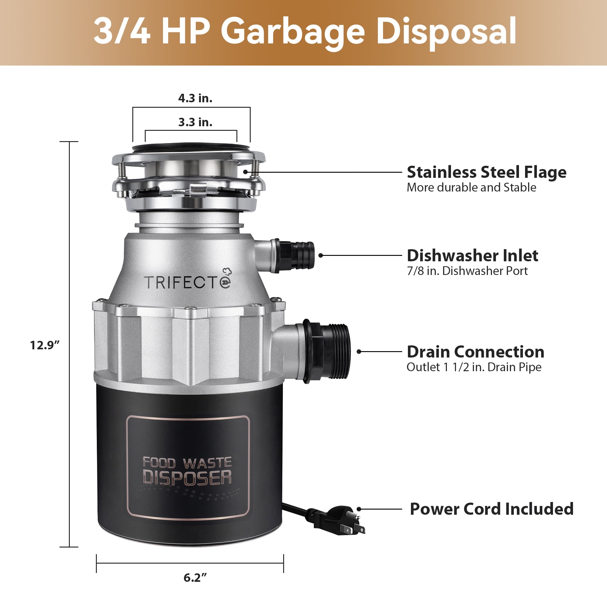Trifecte 3/4PH Garbage Disposal, 3800RPM DC Motor Continuous Feed Food Waste Disposal with Power Cord