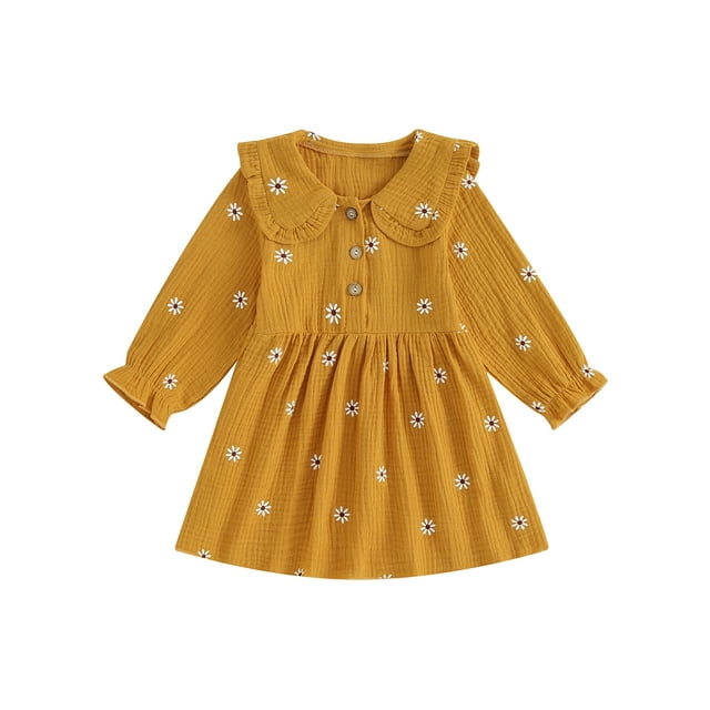 FOCUSNORM Robe pour Bébés Filles, Imprimé Floral, Boutons, Col Claudine, Robe à Manches Longues, Mode d'Automne, Robe Princesse Décontractée