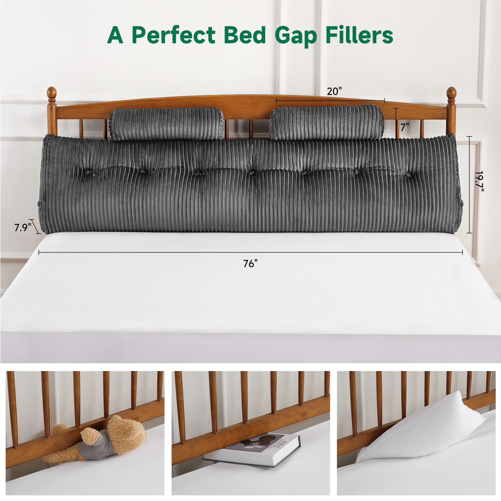 King Triangular Headboard Pillow, King Size Wedge Headboard Pillow with 2 Roll Pillows, King Bed Reading Pillows Large Backrest Wedge Pillow (Gray, King: 76”x20”x8”)