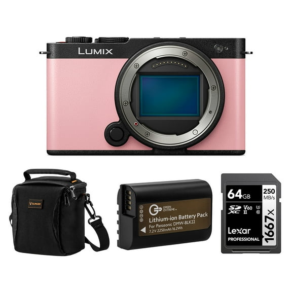 Panasonic LUMIX S9 Mirrorless Camera, Pink, Bundle with SILVER Series Professional 1667x 64GB UHS-II SDXC Memory Card, Alpine 120 Multi-Device Shoulder Bag, DMW-BLK22 7.2V 2250mAh Lithium-Ion