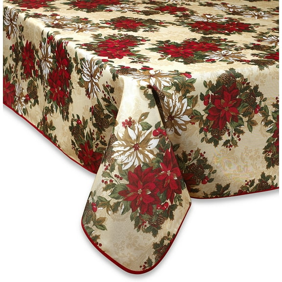 Violet Linen European Christmas Poinsettia Garden Pattern, Polyester Woven Printed Fabric, Beige, 60 Inch by 120 Inch, Seats 10 to 12 people, Rectangular Tablecloths