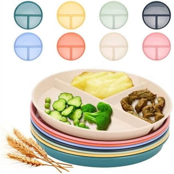 9-Inch Unbreakable Wheat Straw Divided Plates, Microwave & Dishwasher Safe |3-Compartment Divided Plates Portion Control Plates, Durable Dinnerware Sectioned Plates