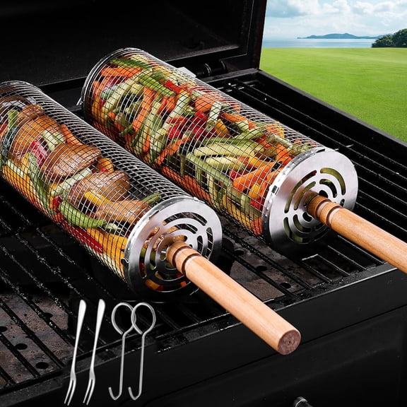 UU&T Rolling Grilling Basket, Nesting Grill Baskets 2 PCS Fitted with Wooden Handles Outdoor, BBQ Stainless Steel Camping Grill Mesh Cylinder, for Vegetables Fish Meat, Grilling Gifts