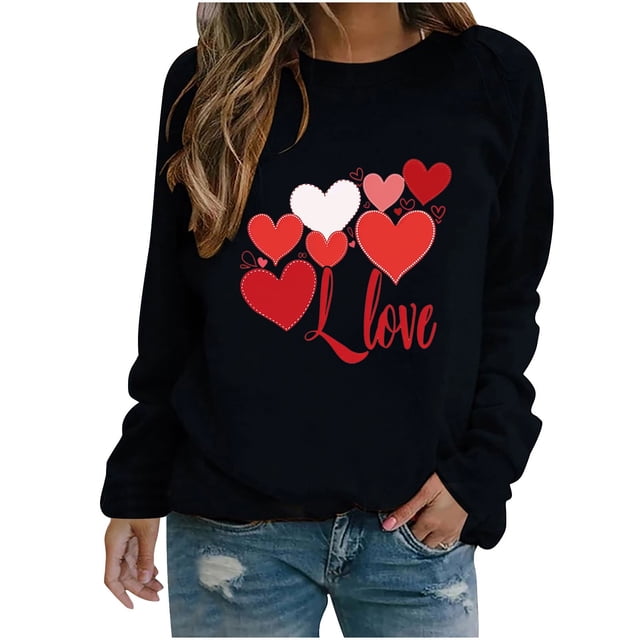 Amzcrzy Sweat-Shirt pour Femmes Col Rond Manches Longues Chemises de la Saint-Valentin Graphiques Amusants Légers Amples Chandail de Vacances