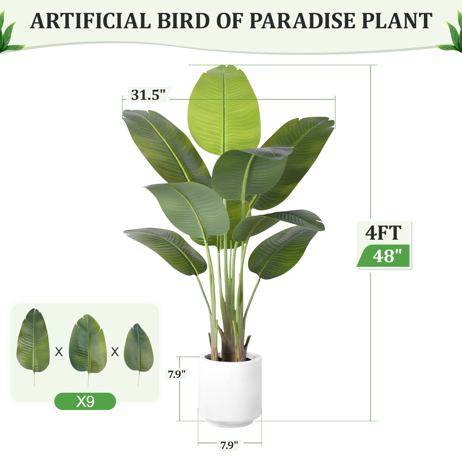Artificial Bird of Paradise Plant 4Ft Tall Fake Tropical Palm Tree Large Fake Plants with 9 Silk Banana Leaves Faux Plant Indoor Decor Trees with White Pot for Home Bedroom Living Room Office
