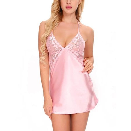 

Babibeauty Women Lingerie V Neck Nightwear Sexy Satin Sleepwear Mini Teddy Lace Chemise