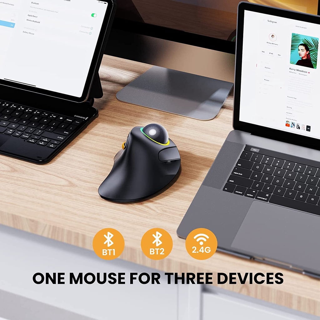 Jomaa Wireless Ergonomic Trackball Mouse, Rechargeable, Bluetooth Rollerball Mouse, Index Finger Trackball, 1600DPI,