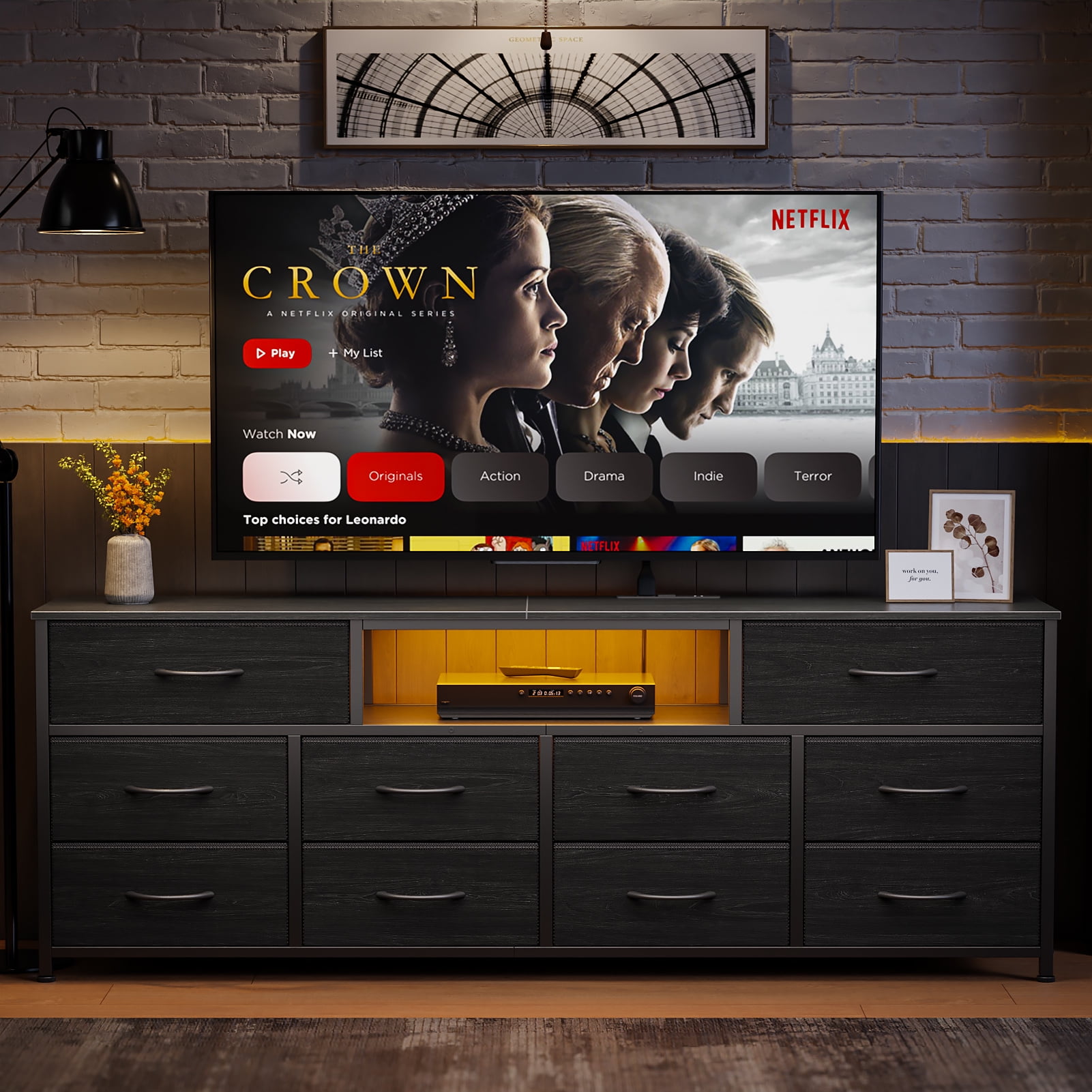 Tydimor TV Cabinet Stands for TVs up to 75", Entertainment Center with Outlet & LED, Media Console Table with 10 Drawers for Living Room, Black