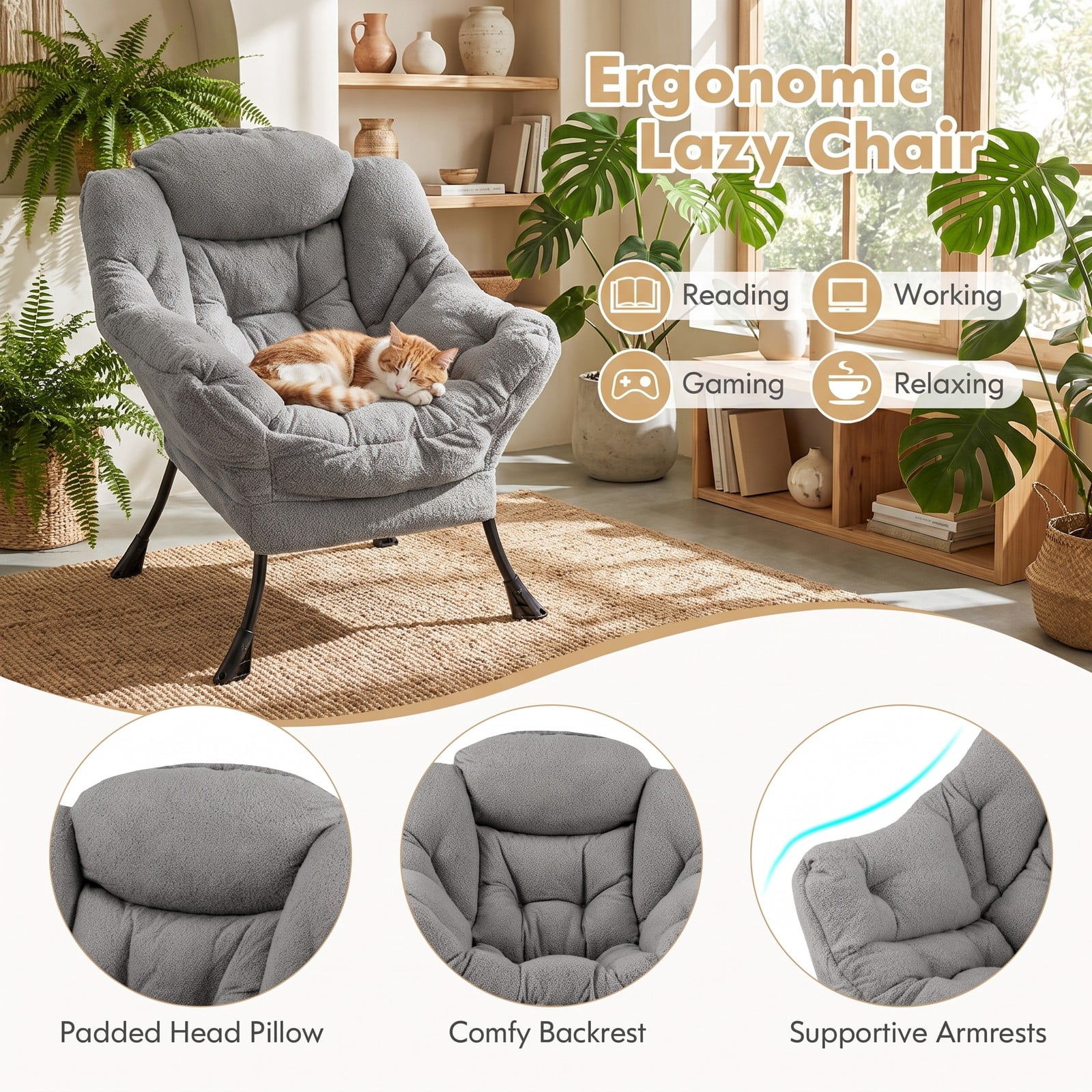Furnibear Sherpa Upholstered Accent Chair with Cozy Head Pillow, Button Tufted Single Sofa Armchair with Side Pocket for Living Room Bedroom Home Office, 330 lbs, Gray