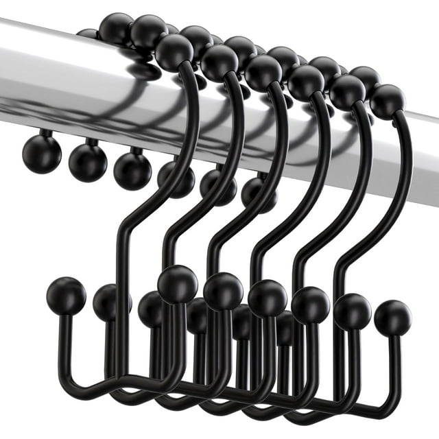 LAICAIW Black Shower Curtain Hooks Rings, Rust-Resistant Metal Double Glide Shower Hooks for Bathroom Shower Rods Curtains, Set of 12 Hooks-Matte Black