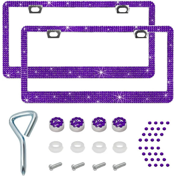 Bling License Plate Frame, Sparkly License Plate Tag Cover with Multifaceted Rhinestones, Stainless Steel Crystal License Plate Holder, Universal Exterior Car Accessories (Purple, 2PCS)