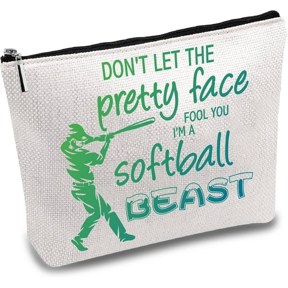 Softball Makeup Bags Canvas Cosmetic Bag Multi Purpose Pen Case with Zipper Toiletry Travel Bag Purse Pouches for Softball Lovers Players Fans Female Friend Team Gifts 10x7Inch DIY