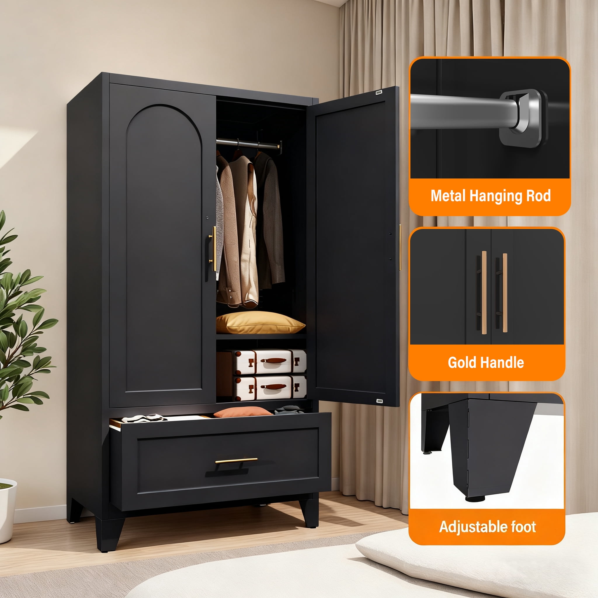 avobird 60" Tall Metal Wardrobe Cabinet with 1 Drawer and Hanging Rod, 2 Doors Wardrobe Closet with Shelf for Bedroom, Black