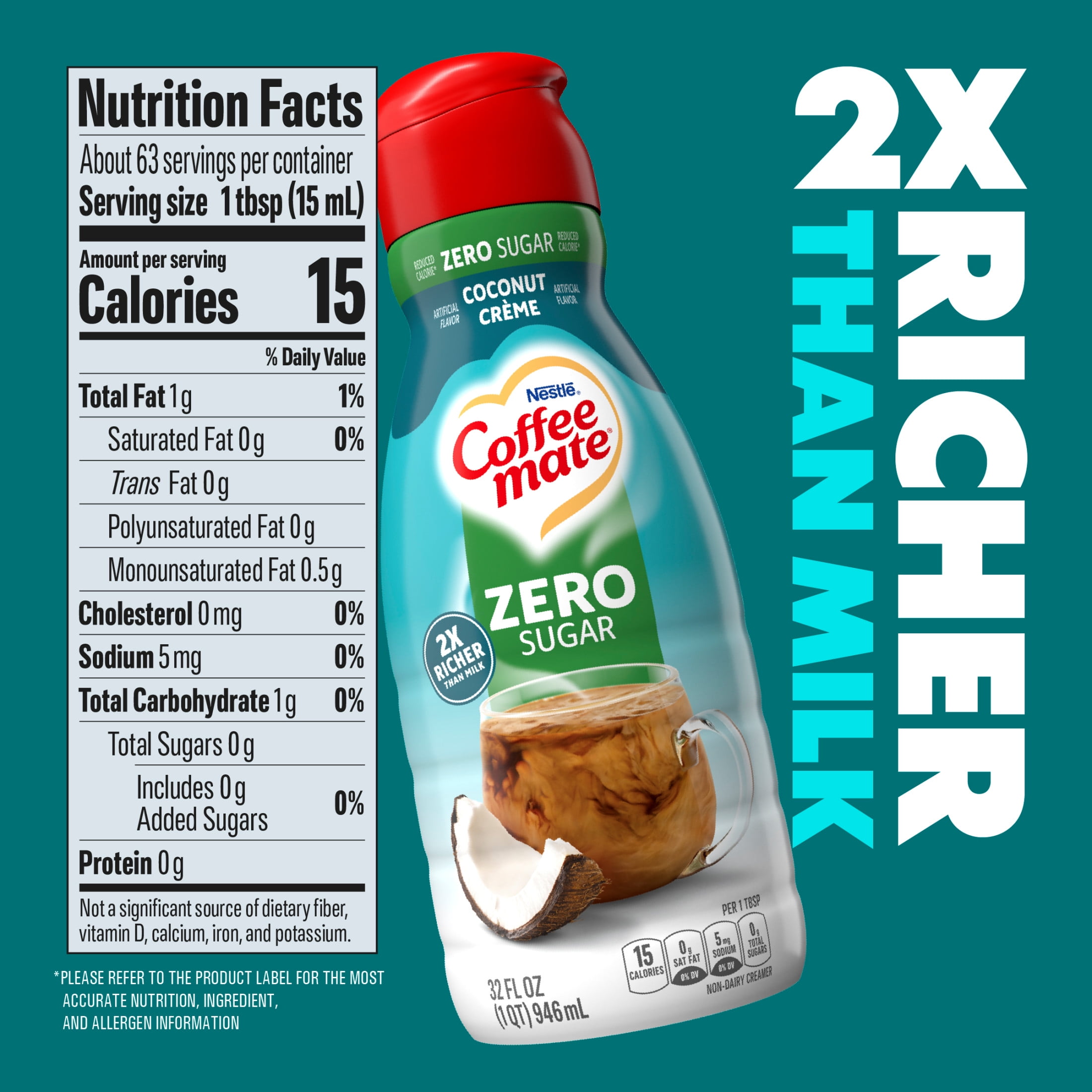 Coffee mate Zero Sugar Coconut Creme Liquid Coffee Creamer, 32 fl oz Bottle