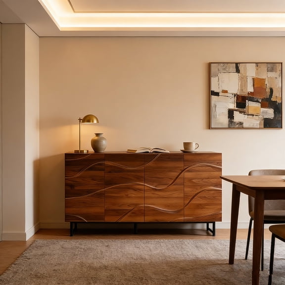 Modern Art Solid Wood Sideboard,59*16*35inch, Wave Relief Design, Walnut Texture, Iron Legs, Living Room Storage Cabinet