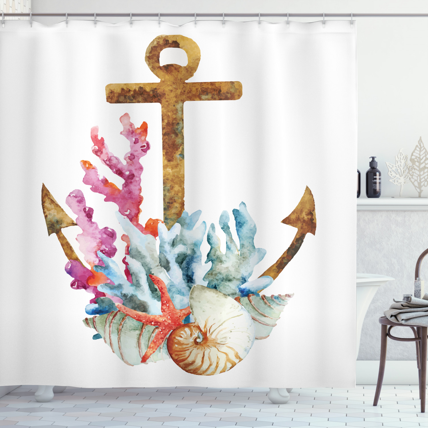 Anchor Shower Curtain, Anchor with Corals Seaweed Nature Deep Sea