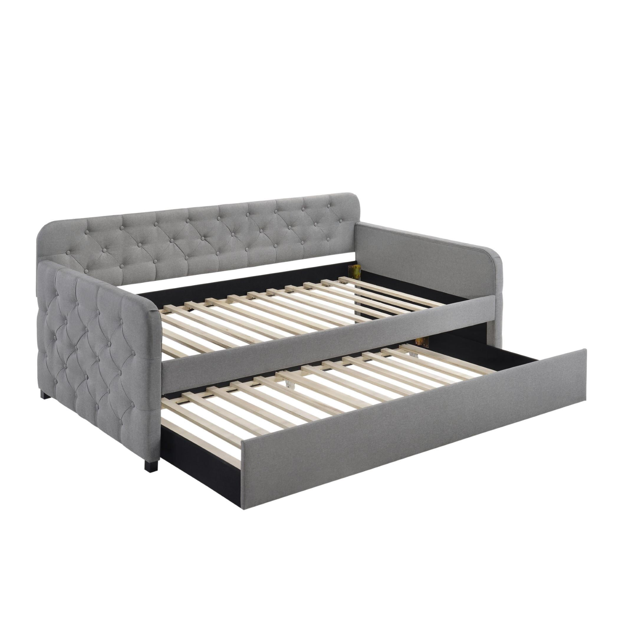 Home Design Uma Twin Daybed with Linen Upholstery, Button-Tufted Back, Track Arms, and Pull-Out Trundle, Comfortable Seating and Sleeping, Gray