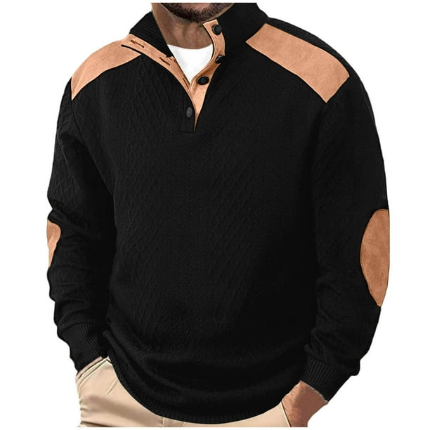 Kalauyu Mens Warm Sweatshirt Casual Textured Stand Collar Quarter Fall Metal Button Pullover Sweaters Long Sleeve with Pockets