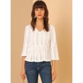 thumbnail image 2 of Blusa liviana de encaje sólido para mujer, cuello en V, manga 3/4, blusa campesina con peplum blanco M, 2 of 6
