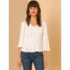 thumbnail image 2 of Blusa liviana de encaje sólido para mujer, cuello en V, manga 3/4, blusa campesina con peplum blanco M, 2 of 6